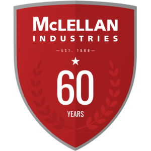A red commemorative shield logo for McLellan Industries celebrating its 60th anniversary.